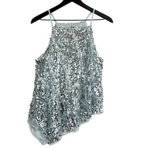 Anthropologie Sequins Asymmetrical Hem Tank Top Party Holidays Blue Silver - M